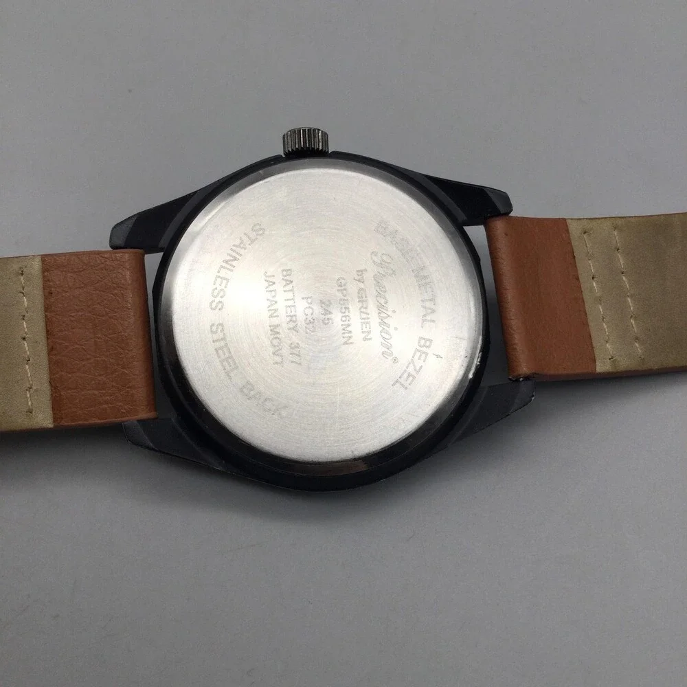 Gruen Precision Mens Watch 41mm Black Dial Brown Band New Battery